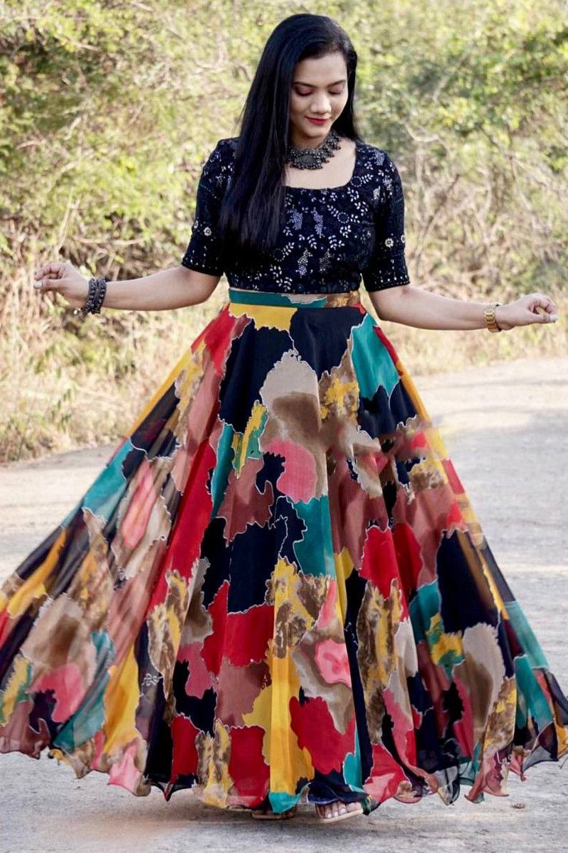 Multicolored Digital Printed Crop Top N Skirt Party Wear Festive Wear