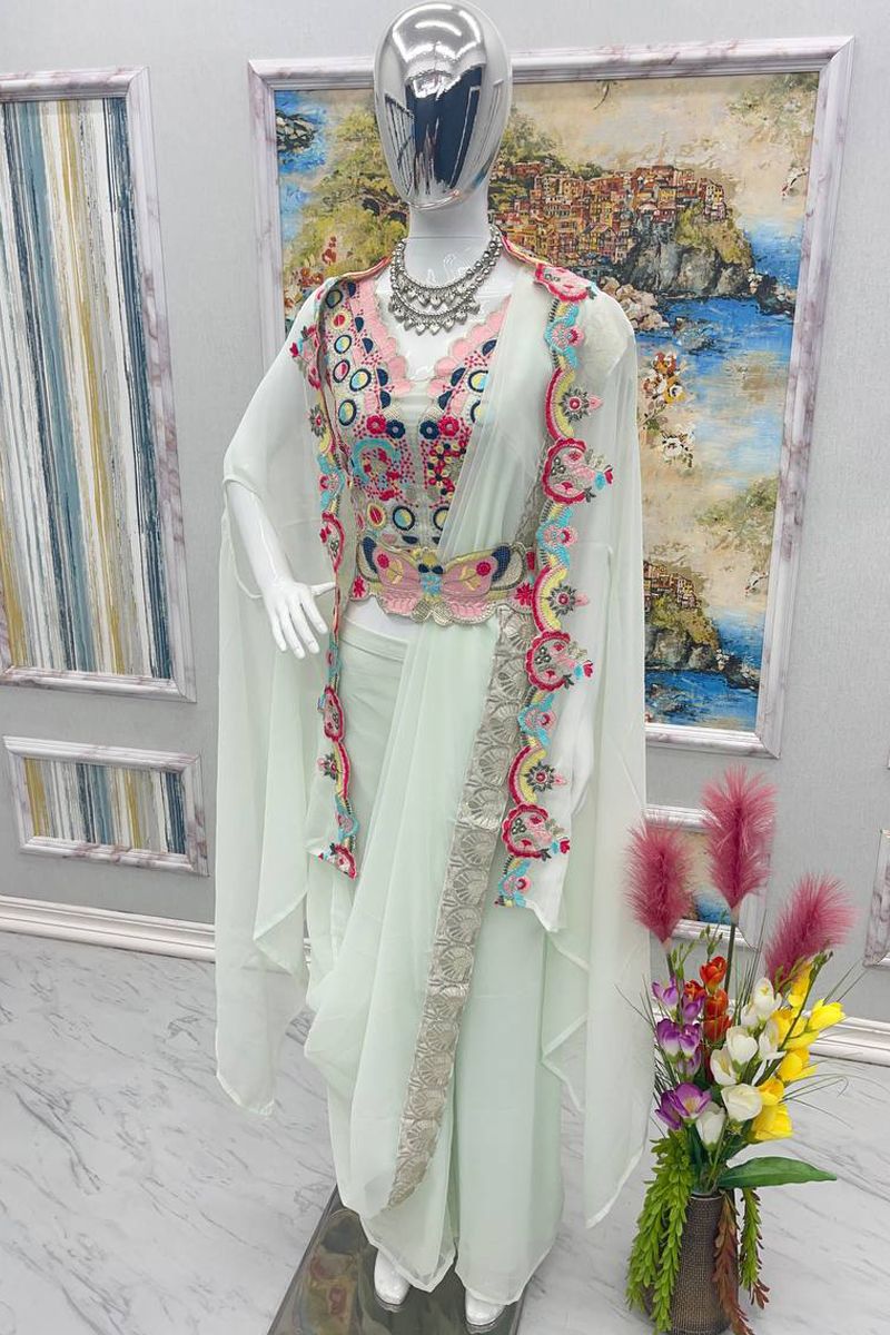 Georgette Fabric Printed 3 Piece Koti Style Readymade Indo Western Suit In  Grey Color
