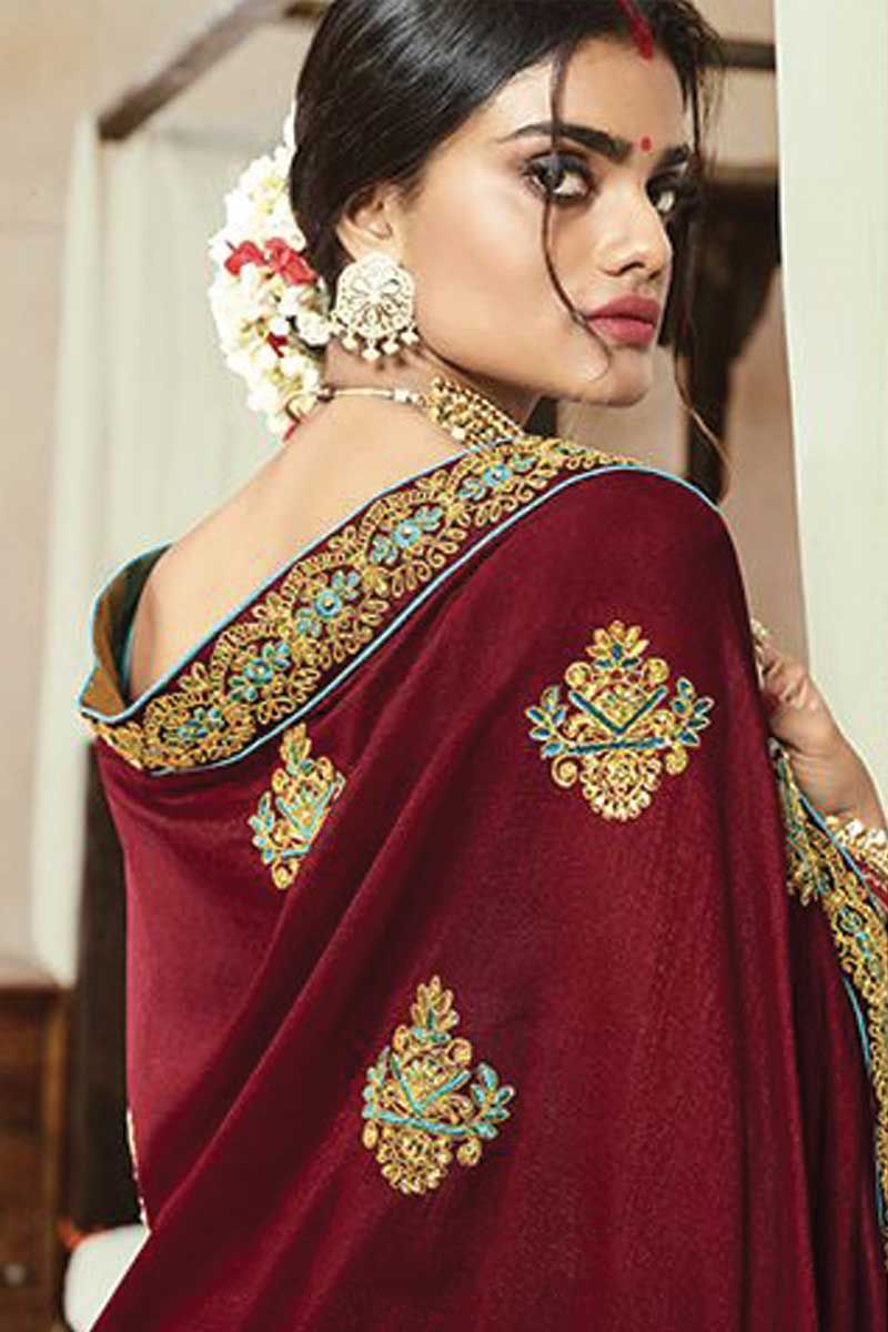 Buy Golden And Maroon Embroidered Net Designer Party Wear Saree | Party  Wear Sarees