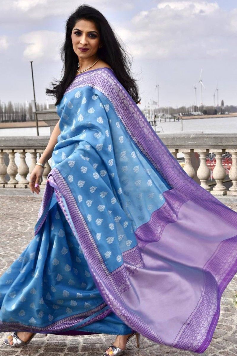 PEACOCK BLUE and COPPER BUTTIS SILK Saree with BANARASI FANCY