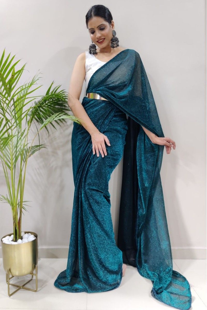 Peacock Blue Plain Organza Handloom Saree - Sacred Weaves