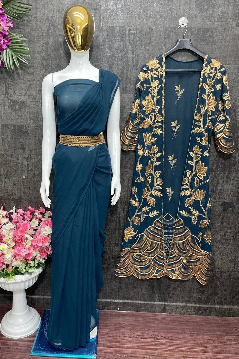 Super Trending Ready To Wear With Sequence And Foil Work Shrug Party Wear  Saree VT01056 at Rs 1499 | Fancy Saree in Surat | ID: 2850843416055