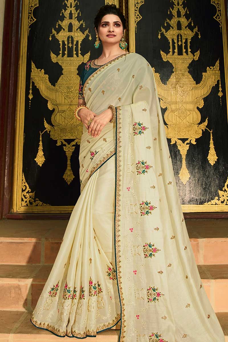 Beige Color Shimmer Silk Embroidery Designer Party Wear Saree