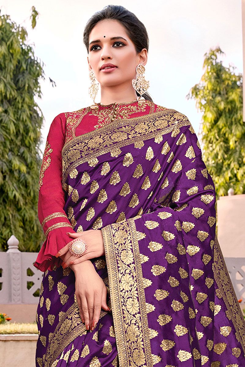 Mehendi Sangeet, Wedding Pink and Majenta color Lycra fabric Readymade Saree  : 1807891
