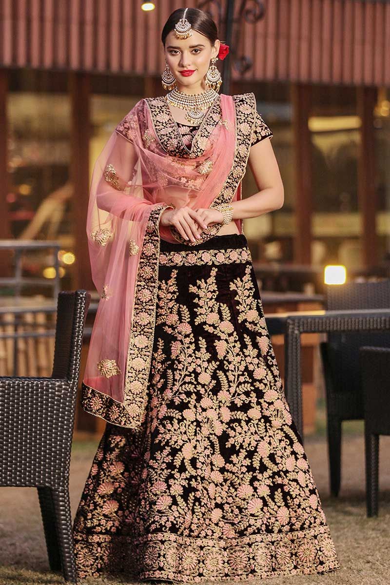 Buy Women Wine Embroidered Lehenga Set With Contrast Blouse And Dupatta -  Ready To Wear Lehengas - Indya