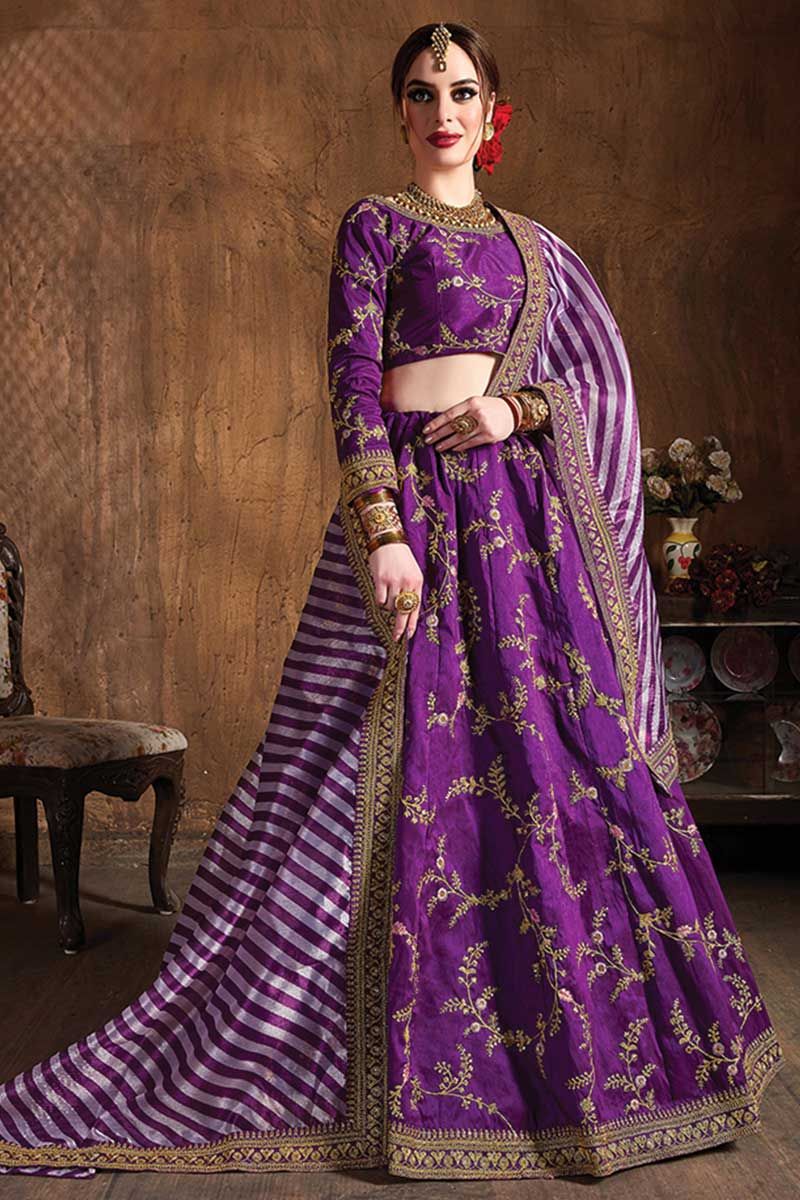 Buy Bridal Lehenga - Lilac Purple Multi Velvet Designer Bridal Lehenga Choli