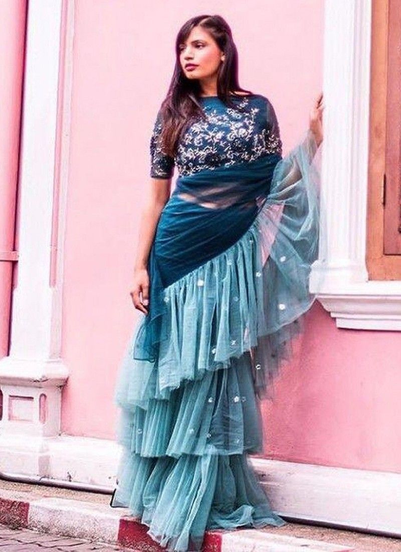 Rani Color Ruffle Saree, Digital Printed Ruffle Saree, Party Wear