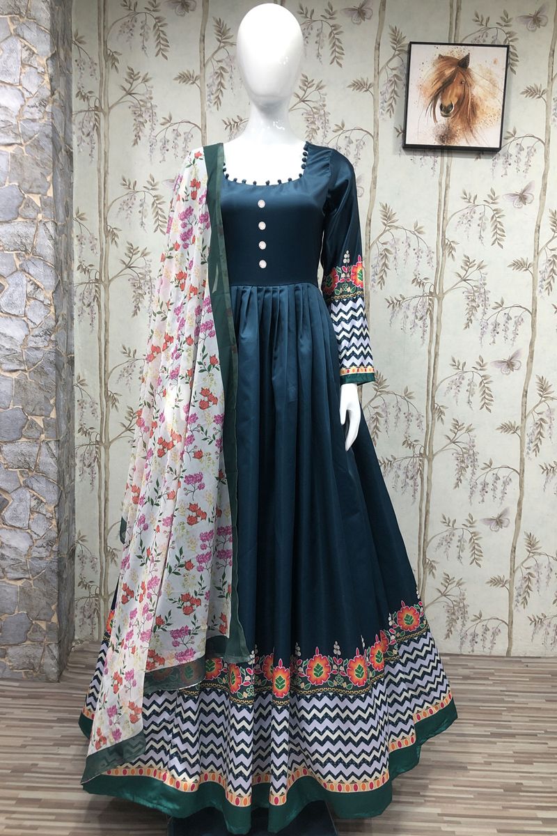 Blue Anarkali Kurti With V Neck Style With Pant And Dupatta Size M