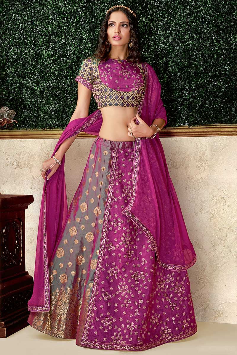 HALFSAREE STUDIO Magenta & Green Semi-Stitched Lehenga & Unstitched Blouse  With Dupatta Price in India, Full Specifications & Offers | DTashion.com