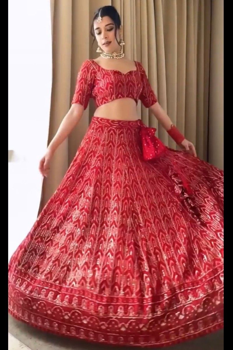 Odette Women Red Designer Sequence Semi Stitched Lehenga With Unstitch