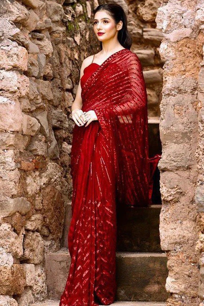 Red Silk Georgette Saree | Latest Kurti Designs