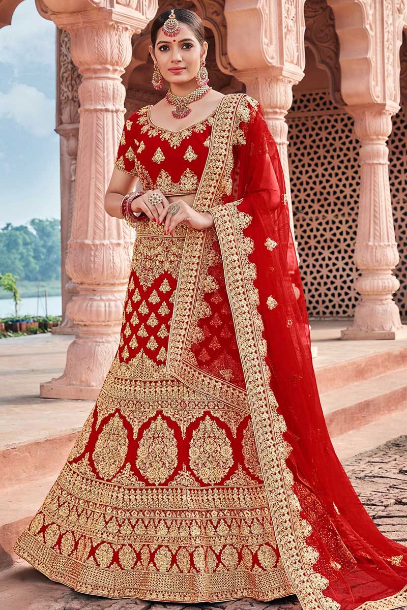 Soft Velvet Multi Color Heavy Embroidered Bridal Lehenga Set – Heritage  India Fashions