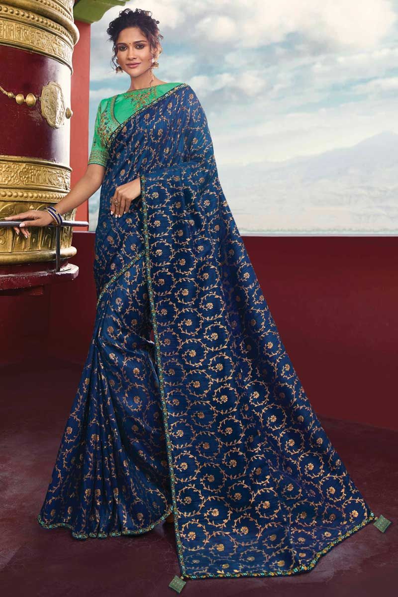 NAVY BLUE SHADE GEORGETTE SAREE WITH SHIMMERING SILVER STONE WORK -FOF –  www.soosi.co.in