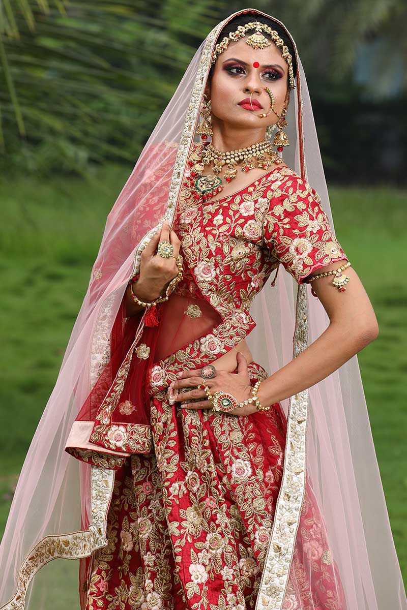 ruby silk bridal lehenga maroon color with soft net dupatta fj6796 01