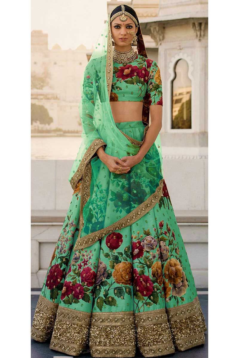 sabyasachi mukherjee green color fine art silk bridal lehenga fj7435