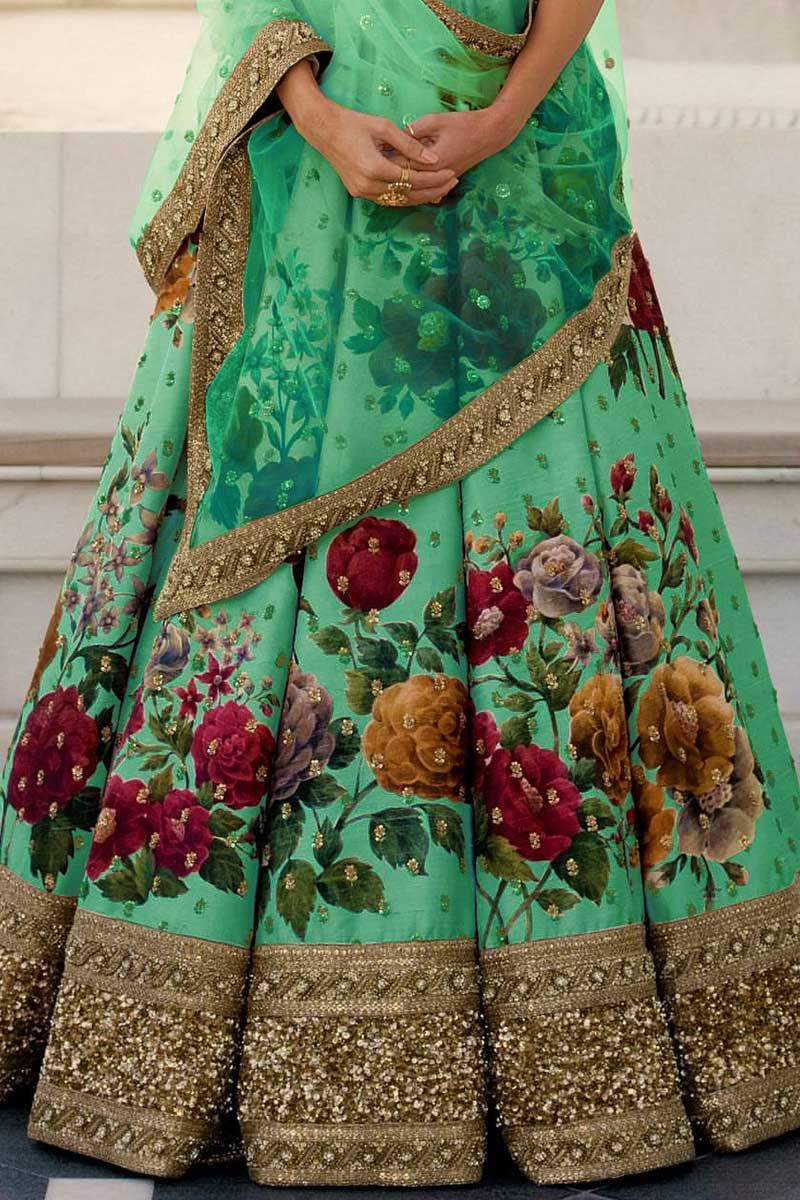 sabyasachi mukherjee green color fine art silk bridal lehenga fj7435 02