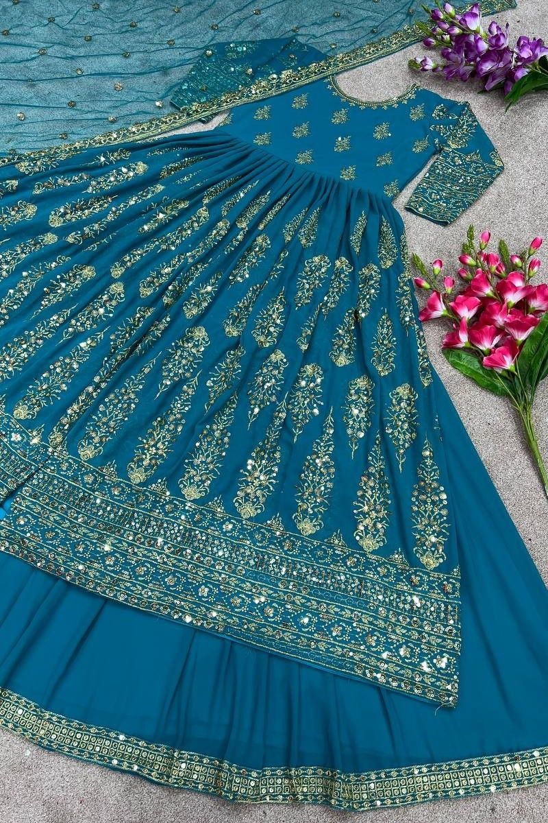 sea blue slit cut long kurti with embroidery work lehenga fj102921 2