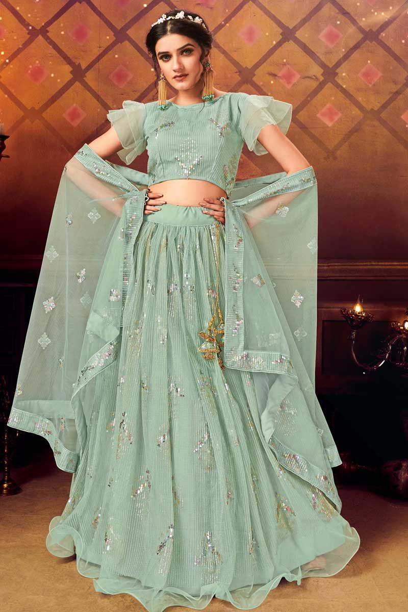 Green Puff Sleeved Sequins Embellished Bridal Lehenga Choli Latest 2137LG08