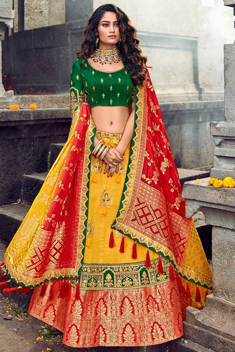 trendy yellow bridal designer lehenga choli buy now – Joshindia