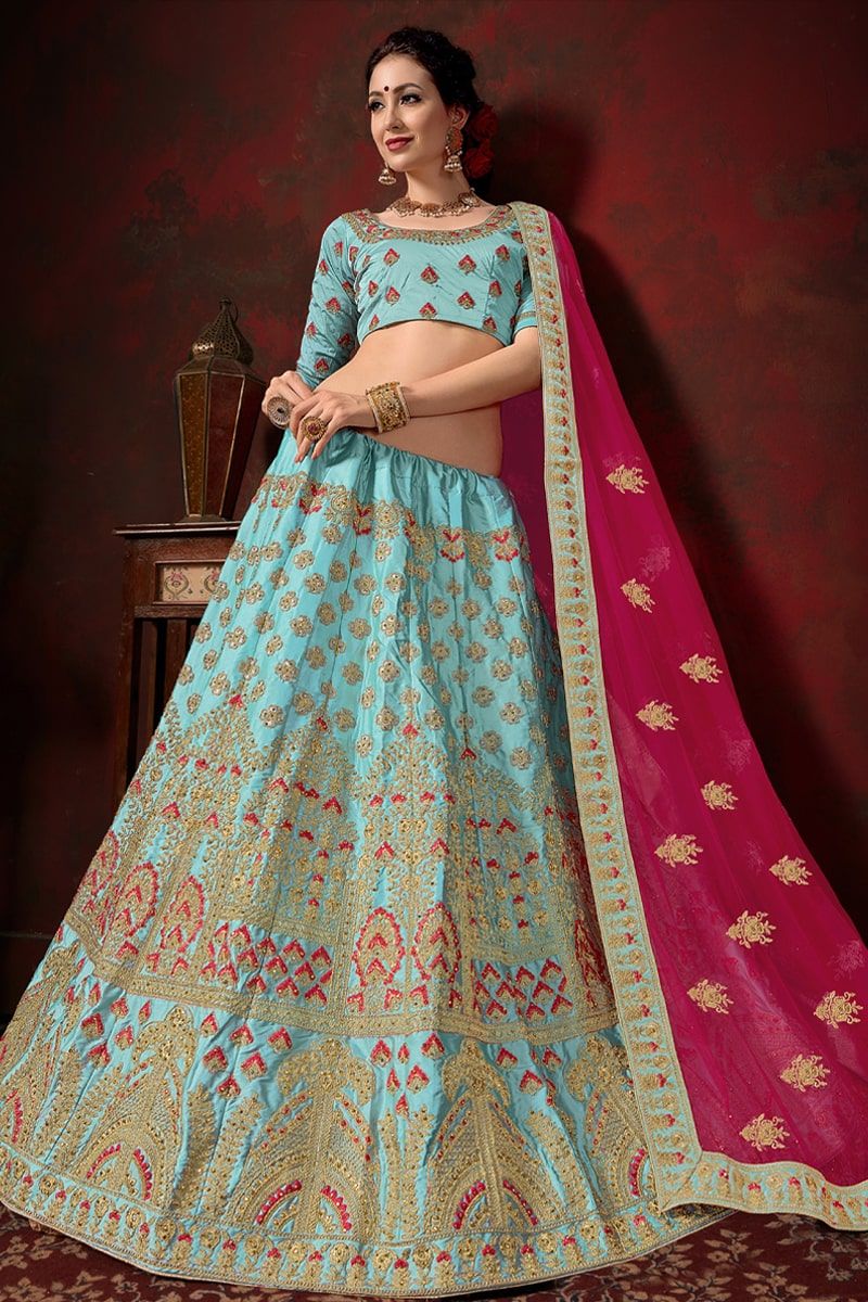 Buy Sainoor Women Free Size Light Blue,Pink Embroidered Net Lehenga Choli  Set Online at Best Prices in India - JioMart.