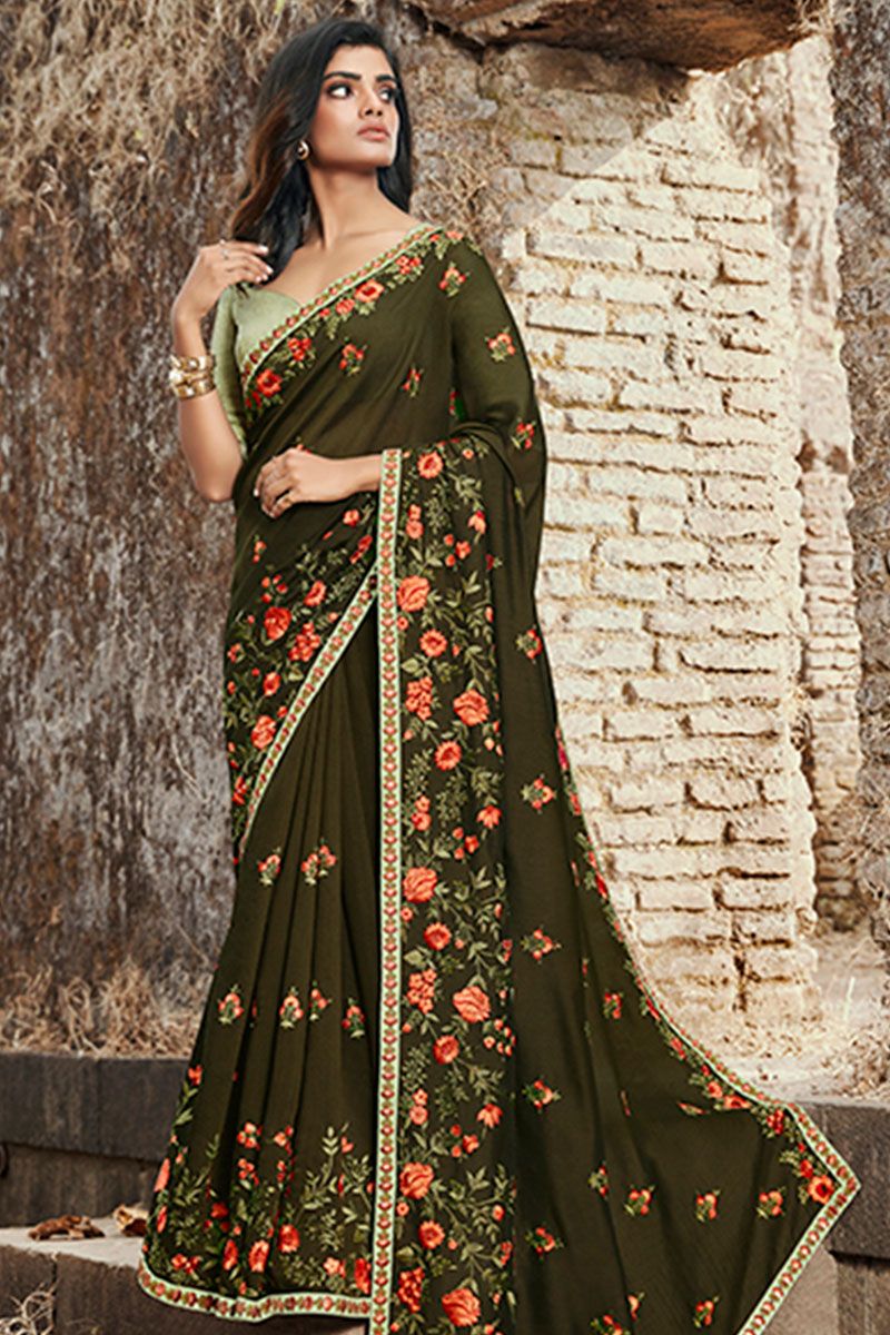 Forest green Muslin saree with parsi embroidered border – Sujatra