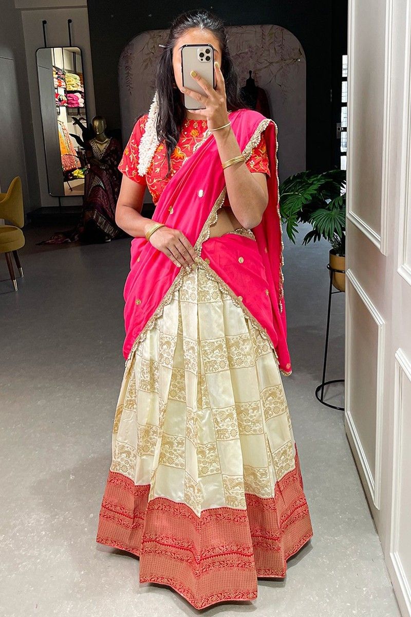 South Indian Lehenga Choli In Red and Yellow Color Silk fabric