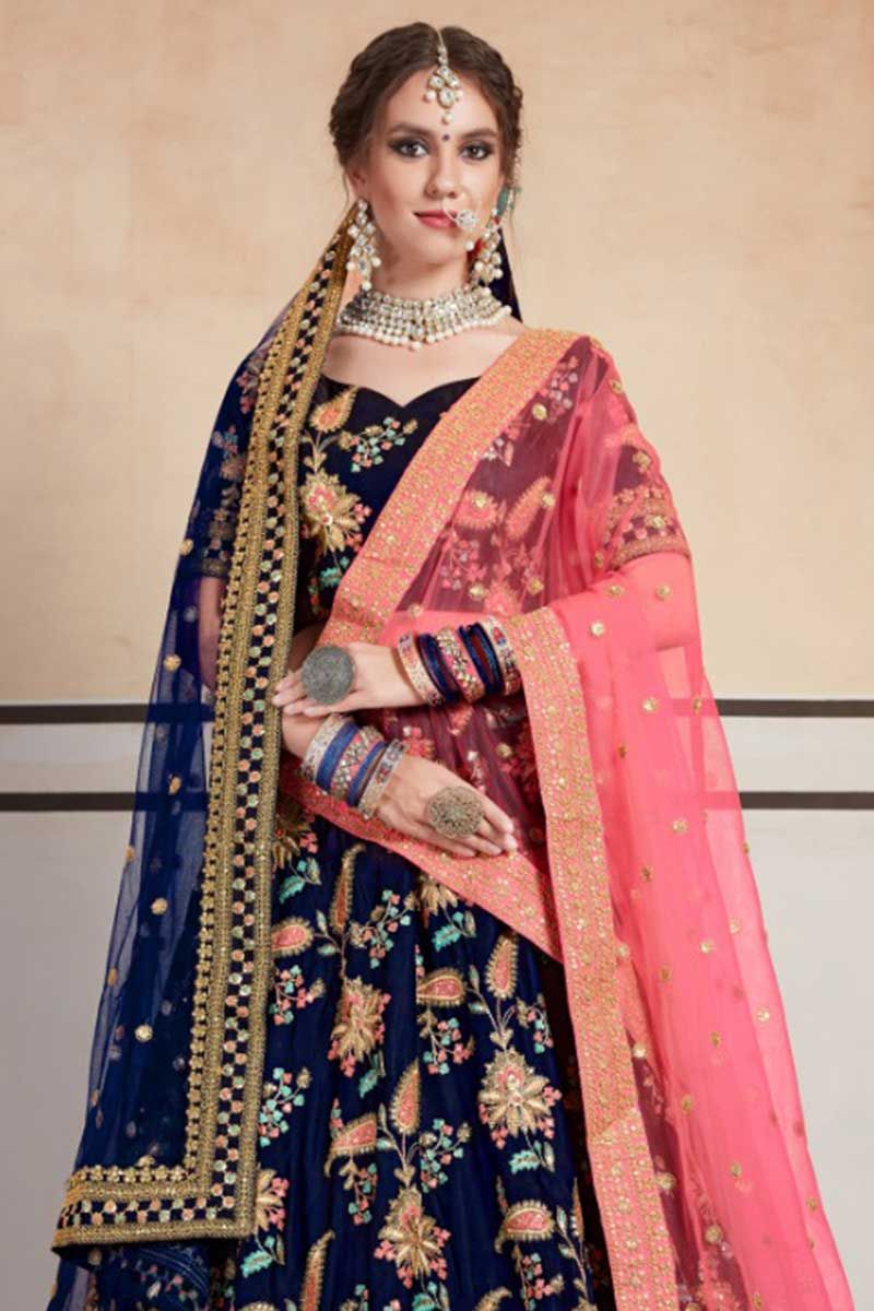Semi-Stitched Blue Taffeta Silk Wedding Lehenga Choli, Size: Free Size at  Rs 4269 in Surat