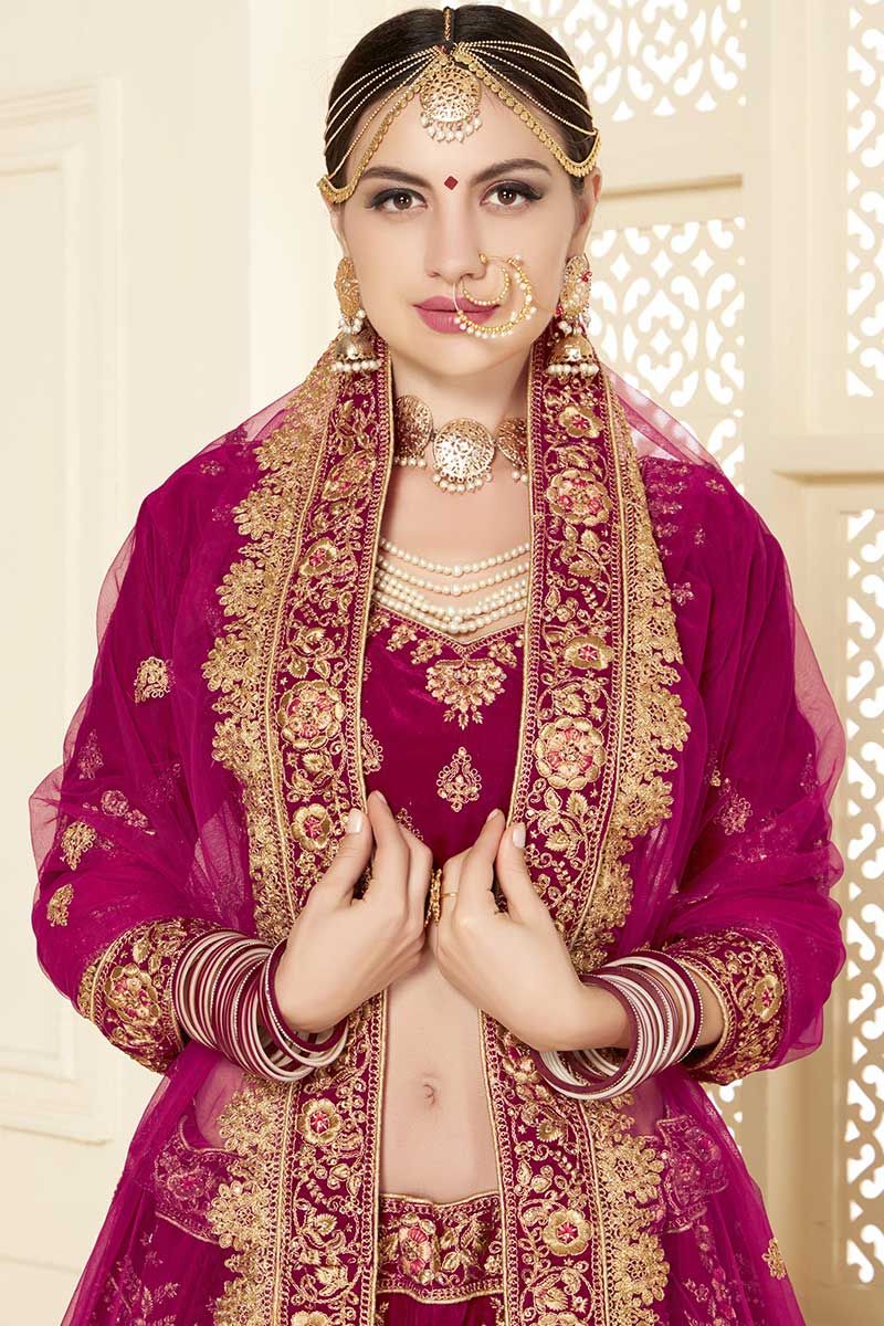 velvet designer bridal lehenga choli embroidery work in rani color fj10102 01