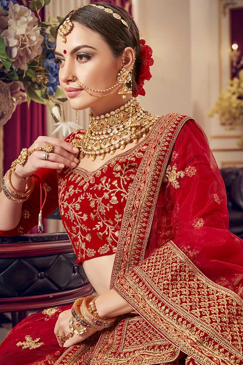 Red Velvet Layered Bridal Lehenga Choli with Embroidery and Peacock...