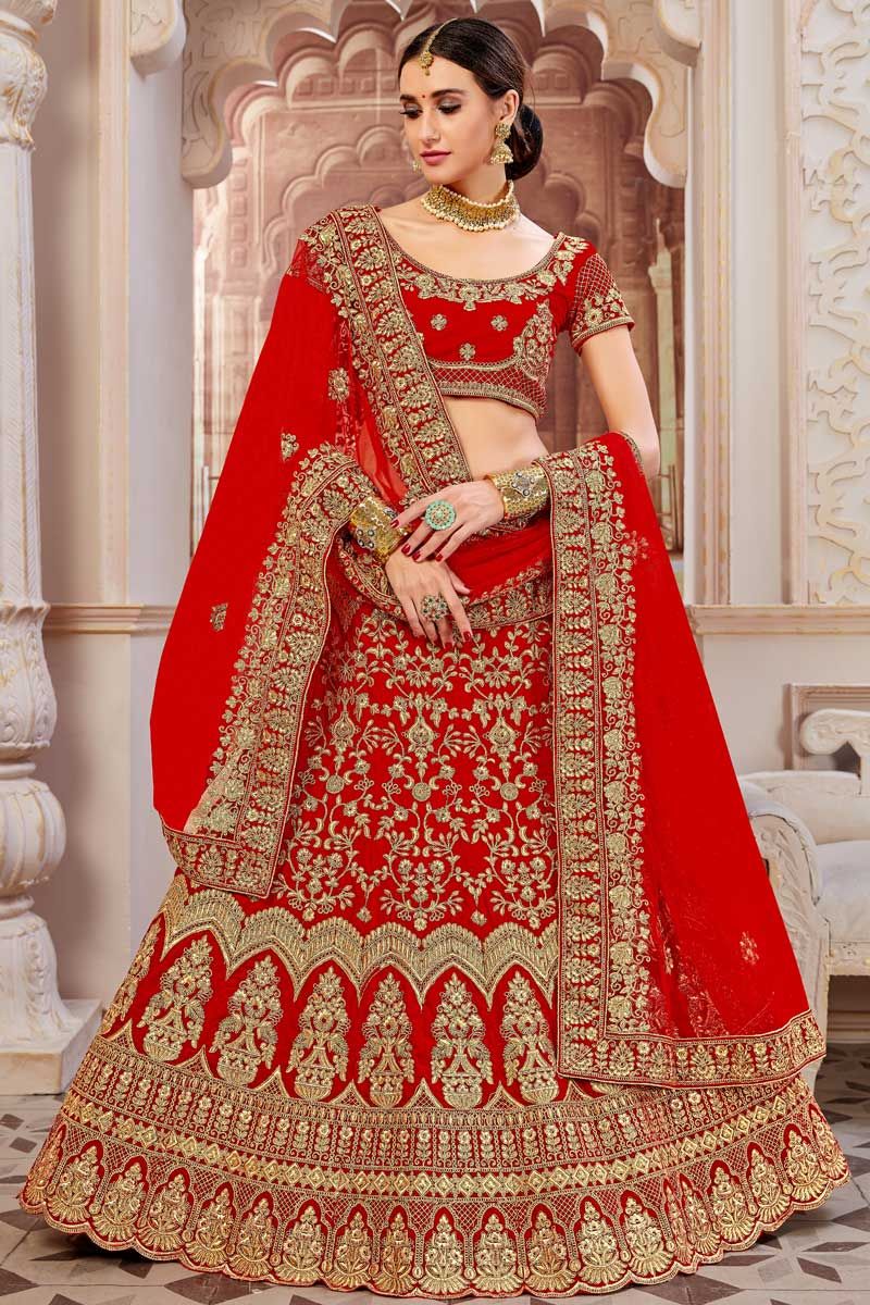 Velvet Wedding Bridal Lehenga Choli Red Color With Net Dupatta