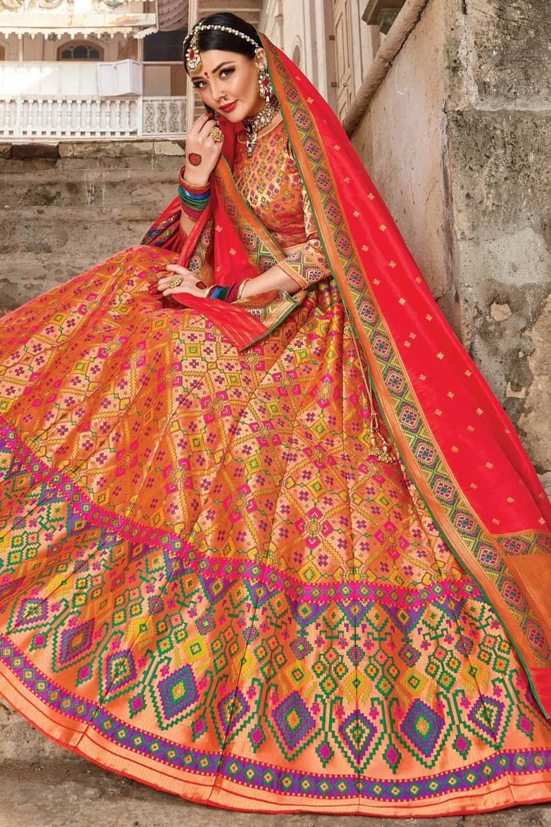 Orange Color Banarasi Silk Designer Wedding Lehenga Choli For Women
