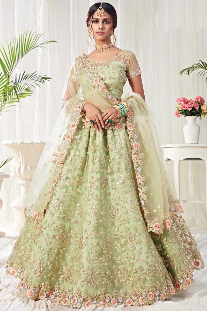 Pista Green Net Lehenga Choli With Zari and Embroidery Sequence Work and  Net Dupatta for Women , Wedding Guest Lehenga Choli, Indian Lehenga - Etsy