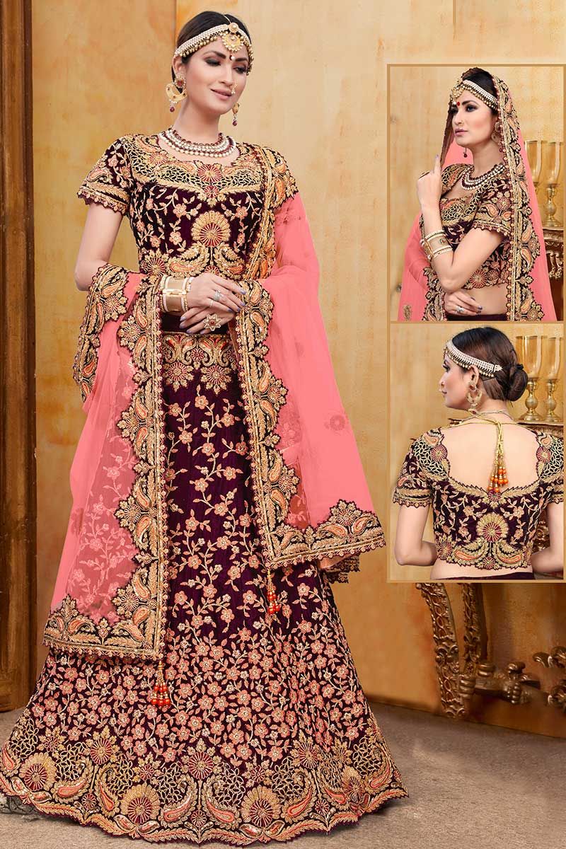 Buy Women Maroon Abstract Sequin Embroidered Bridal Lehenga And Blouse Set  With Dupattas And Belt - Ready To Wear Lehengas - Indya