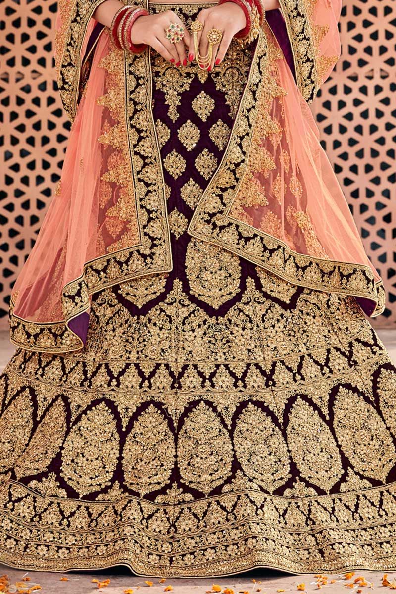 Pure Micro Velvet Wedding Wear Lehenga In Wine Color With Embroidery Work &  Stone Work - Sale
