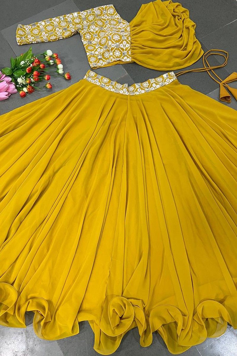 yellow faux georgette plain lehenga with stitch choli fj102733 2