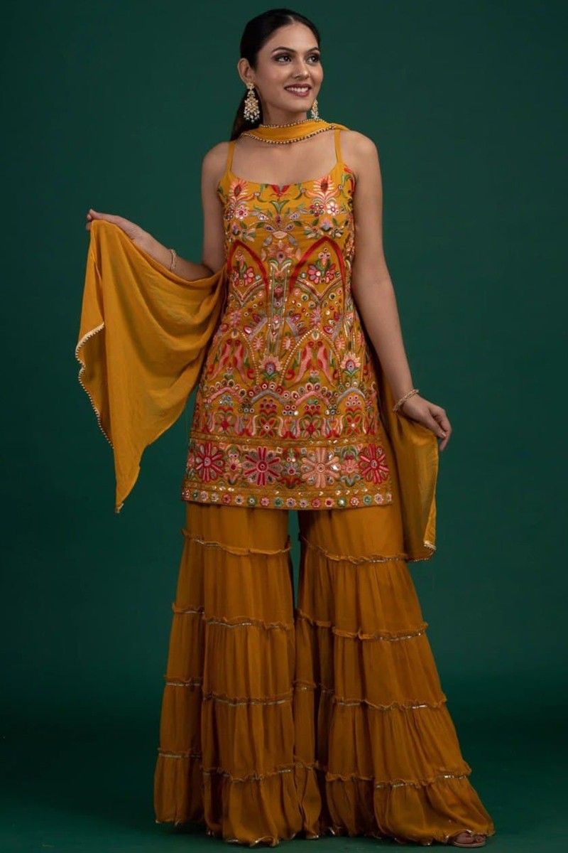 Festive Rayon Kurta, Sharara and Dupatta Set for Women | Dress for Haldi  Function