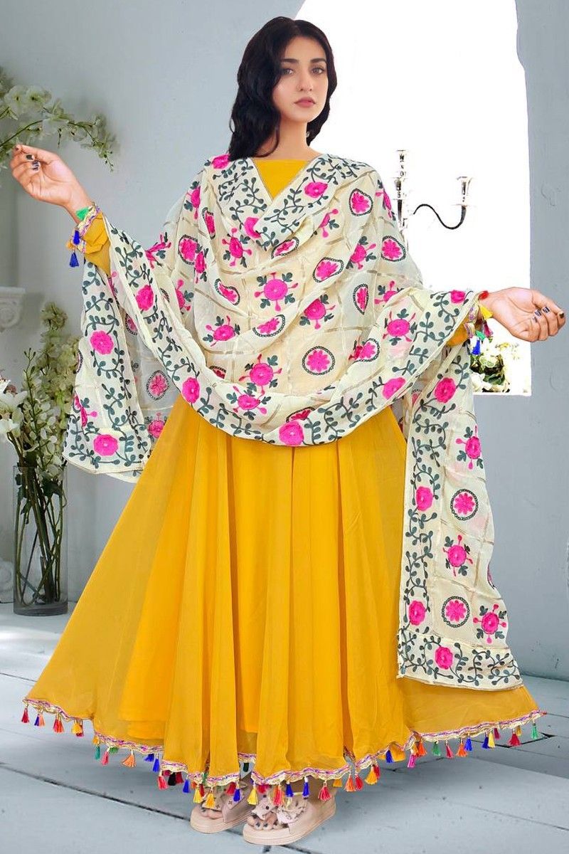Women's Yellow Leheriya Anarkali Suit (Set Of 3) - Manohara – Trendia