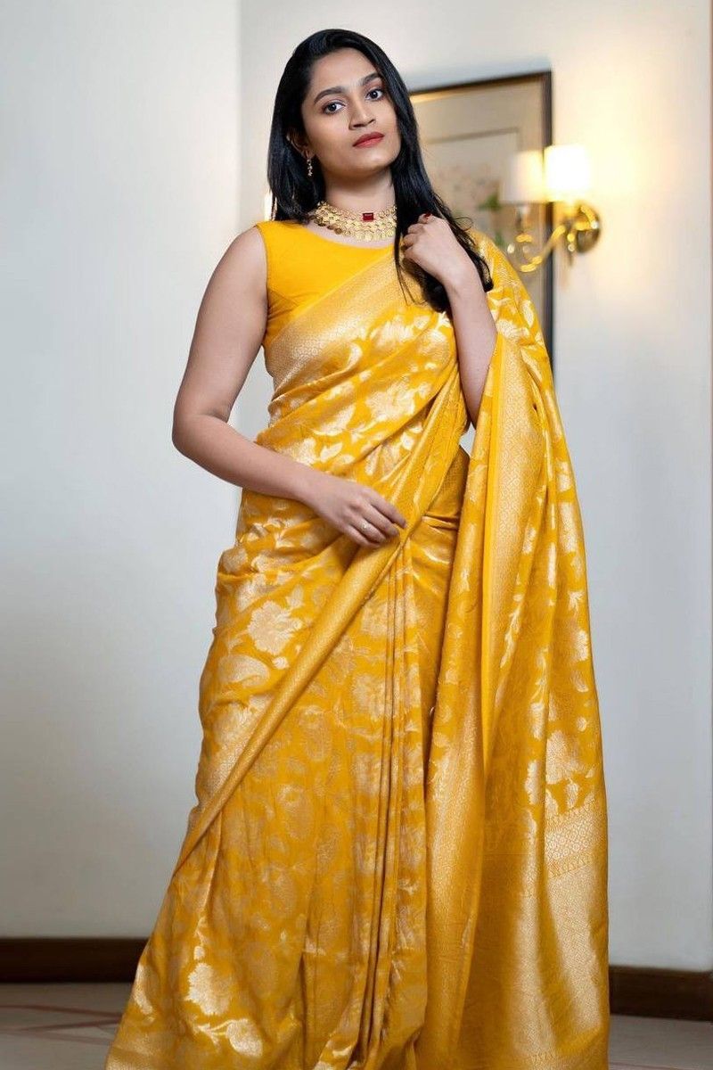 Buy Festival Wear Yellow Weaving Work Banarasi Silk Saree Online From Surat  Wholesale Shop.