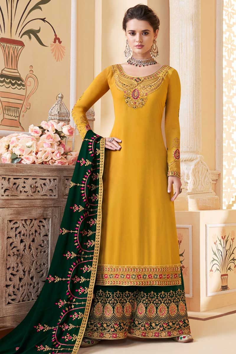 Yellow Heavy Designer Embroidered Work Traditional/Festive Pant Style Suit  - Indian Heavy Anarkali Lehenga Gowns Sharara Sarees Pakistani Dresses in  USA/UK/Canada/UAE - IndiaBoulevard