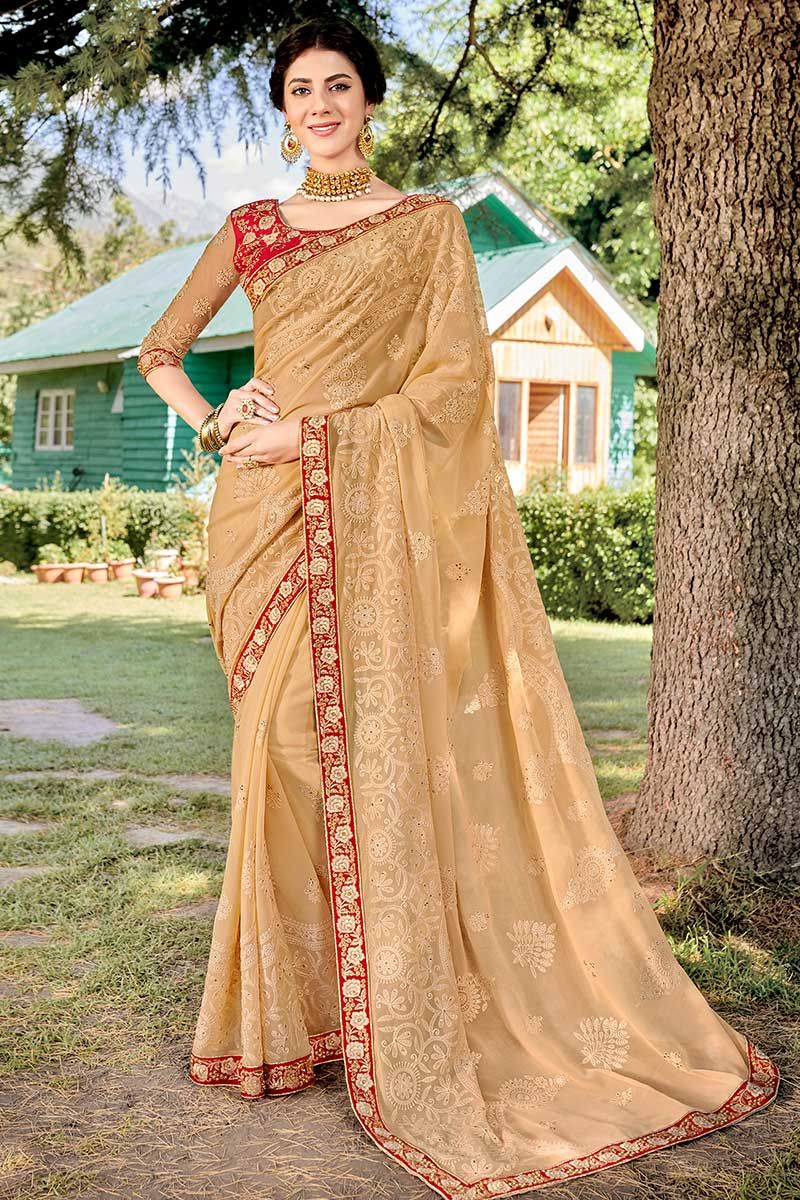 Beauteous Beige Colored Designer Embroidered Faux Georgette Saree | Saree  designs, Party wear sarees, Saree designs party wear
