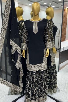 Black Color Faux Georgette Festival Wear Embroidery Work Top-Gharara