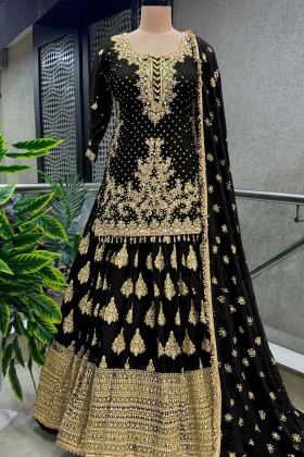 Black Color Pure Heavy Chinnon Silk Embroidery Sequence Work Lehenga Choli With Sleeves.