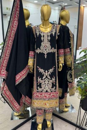 Black Color Ready made Top Bottom Set Chinnon Silk With Dupatta