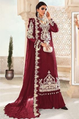 Embroidered Net Jacket Style Pakistani Suit in Maroon  Straight cut dress,  Indian fashion, Party wear indian dresses
