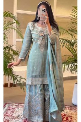 Blue Color New Weeding Wear Chinnon Silk Embroidery Work Top Sharara