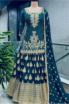 Blue Color Pure Heavy Chinnon Silk Embroidery Sequence Work Lehenga Choli With Sleeves.