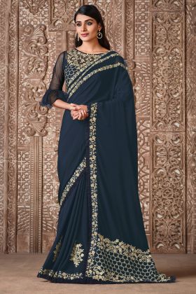 Blue Color Silk Georgette Resham and Cord Embroidery Work Saree
