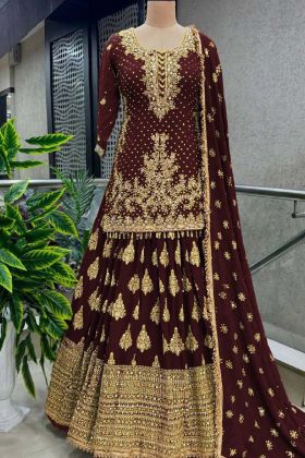 Brown Color Pure Heavy Chinnon Silk Embroidery Sequence Work Lehenga Choli With Sleeves.
