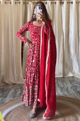Dark Red Faux Georgette Sequence Work Gown