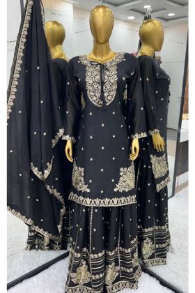 Fancy Black Color Eid Collection Pure Chinnon With Heavy Embroidery Work Top Bottom